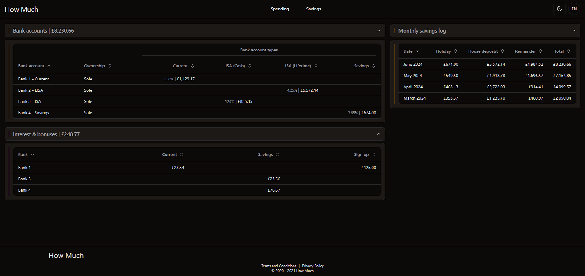 Savings - dark mode